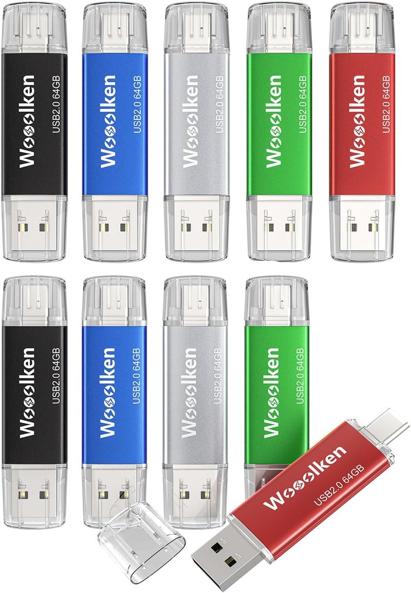 Wooolken USB C Flash Drive 64GB 10 Pack, Type-C Flash Drive + USB 2.0 Thumb Drive OTG Memory Stick Compatible with iPhone 16/15, Android Smartphone/Tablets/Computers - Image 1